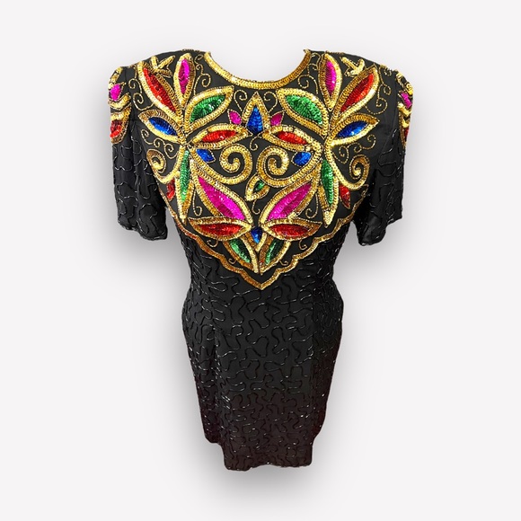 VINTAGE STENAY 1990s SILK AND SEQUIN BEADED BLACK COCKTAIL DRESS SIZE ME… - Picture 9 of 14